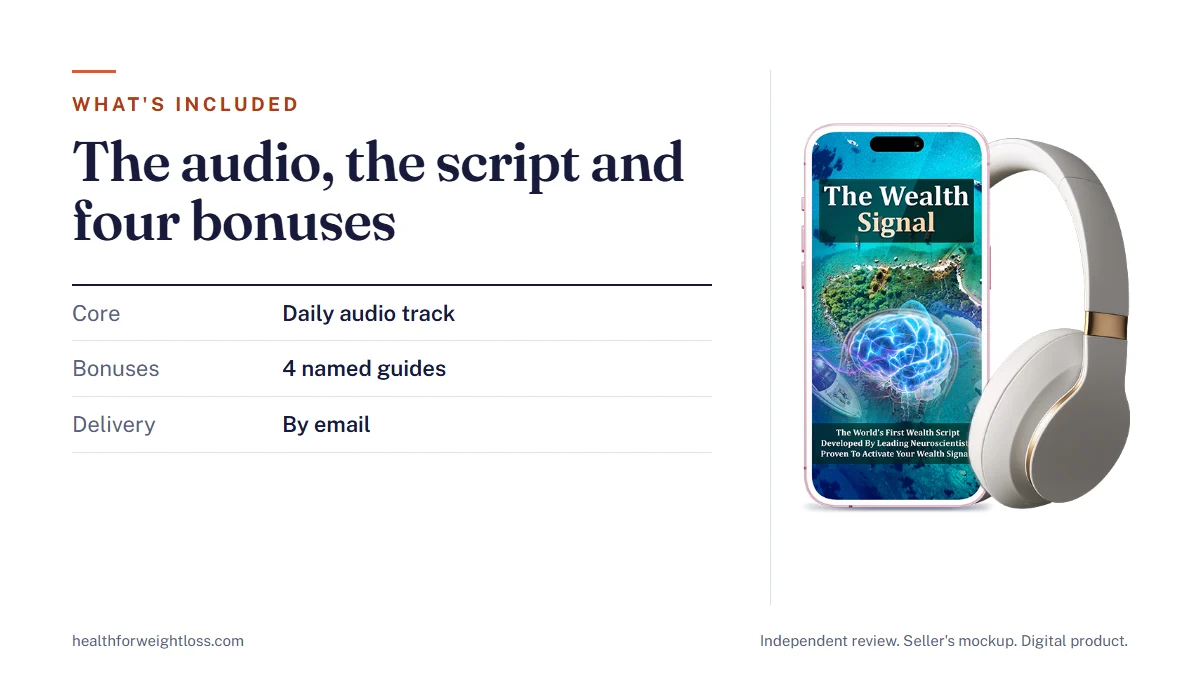 What is included with The Wealth Signal: the daily audio track, four named bonuses and delivery by email, beside the seller's mockup
